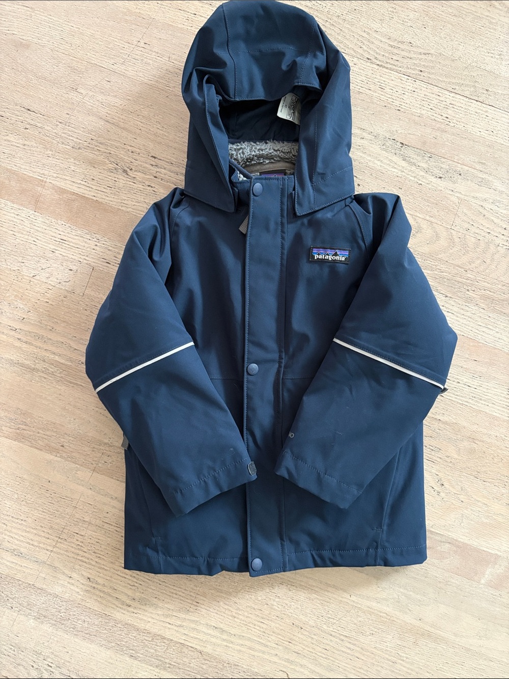 Patagonia Kids Navy Hooded Raincoat with Reflective Trim